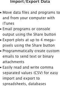 Import/Export Data

Move data files and programs to and from your computer with iTunes
Email programs or console output using the Share button
Export plots at up to 4 mega-pixels using the Share button
Programmatically create custom emails to send text or binary attachments
Easily read and write comma separated values (CSV) for easy import and export to spreadsheets, databases